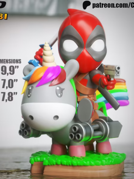Deadpool on Unicorn Chibi 3D Model - Chibi DeadPool Marvel STL File