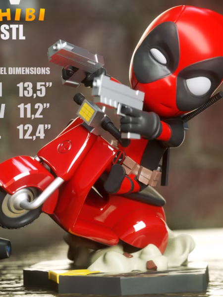 Deadpool on Vespa Chibi 3D Model - Chibi DeadPool Marvel STL File