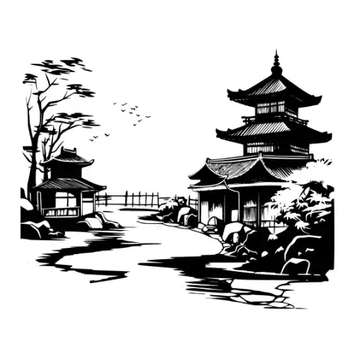 Ancient Japanese Village Silhouette SVG Design | SVG Files for Cricut & Print