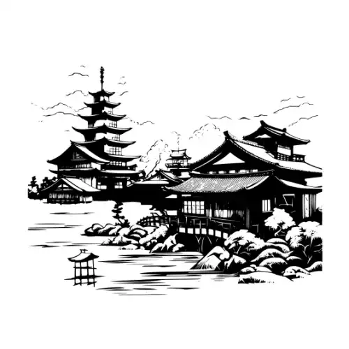Ancient Japanese Village Silhouette SVG Design | SVG Files for Cricut & Print