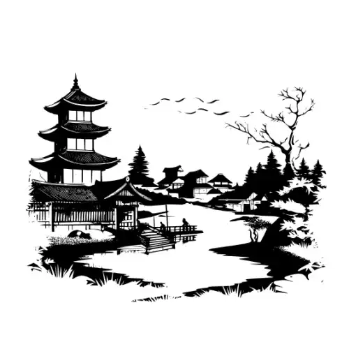 Ancient Japanese Village Silhouette SVG Design | SVG Files for Cricut & Print