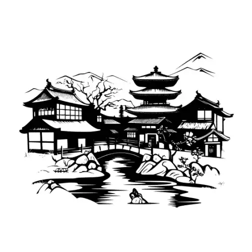 Ancient Japanese Village Silhouette SVG Design | SVG Files for Cricut & Print