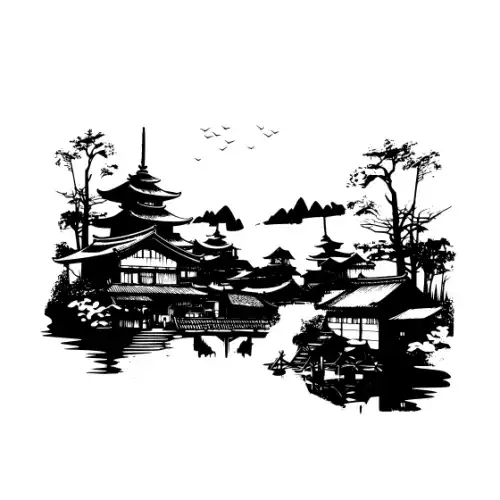 Ancient Japanese Village Silhouette SVG Design | SVG Files for Cricut & Print
