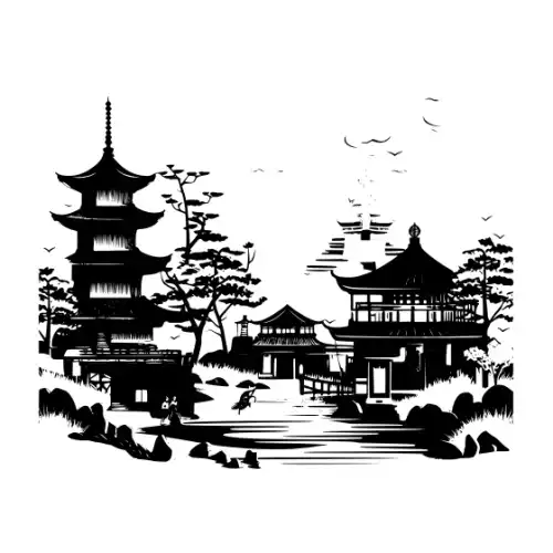 Ancient Japanese Village Silhouette SVG Design | SVG Files for Cricut & Print