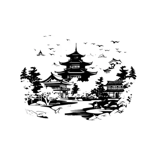 Ancient Japanese Village Silhouette SVG Design | SVG Files for Cricut & Print