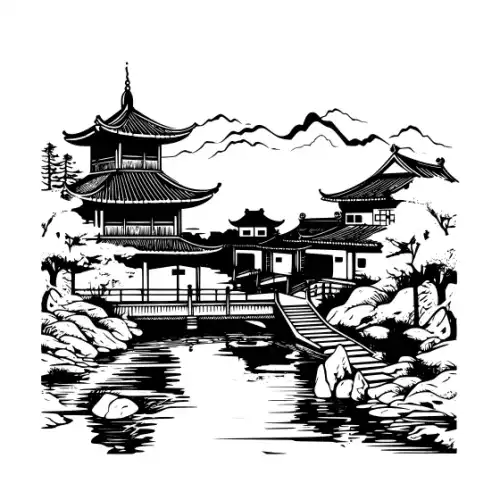Ancient Japanese Village Silhouette SVG Design | SVG Files for Cricut & Print