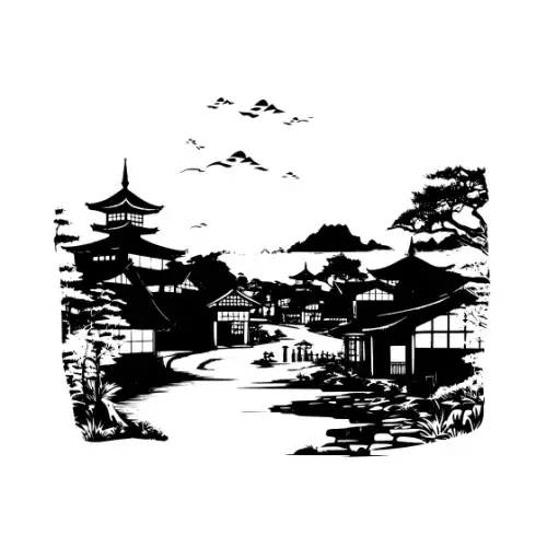 Ancient Japanese Village Silhouette SVG Design | SVG Files for Cricut & Print