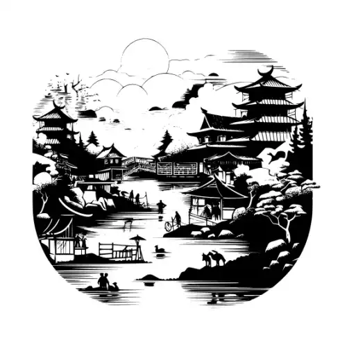 Ancient Japanese Village Silhouette SVG Design | SVG Files for Cricut & Print