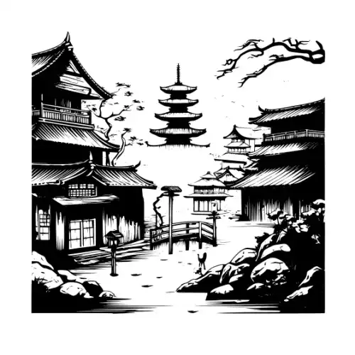 Ancient Japanese Village Silhouette SVG Design | SVG Files for Cricut & Print