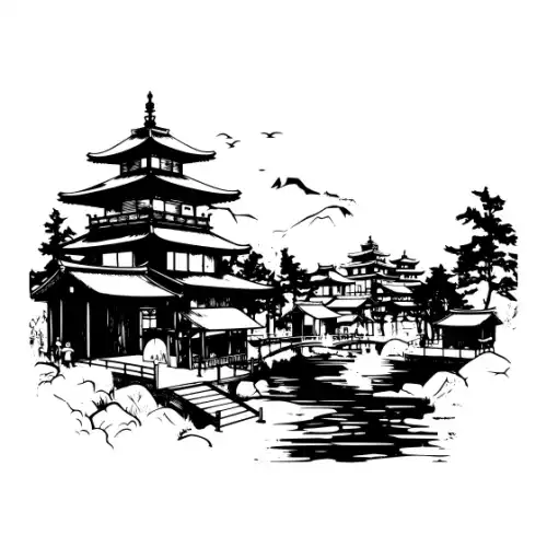 Ancient Japanese Village Silhouette SVG Design | SVG Files for Cricut & Print