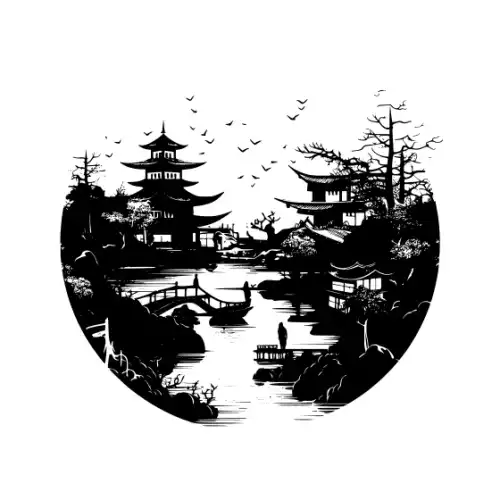 Ancient Japanese Village Silhouette SVG Design | SVG Files for Cricut & Print