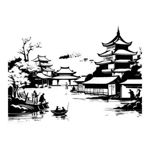 Ancient Japanese Village Silhouette SVG Design | SVG Files for Cricut & Print