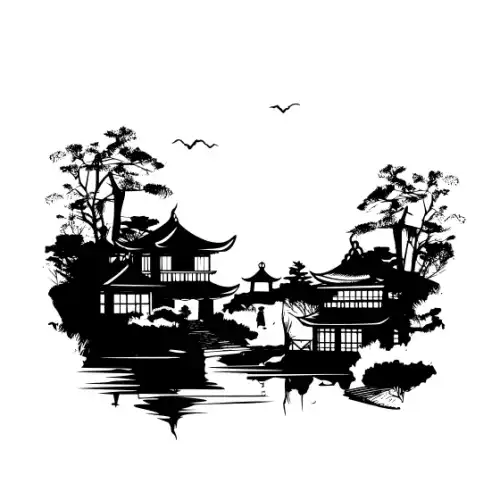 Ancient Japanese Village Silhouette SVG Design | SVG Files for Cricut & Print