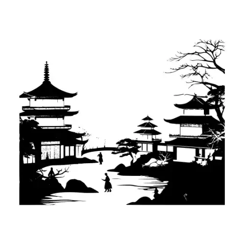 Ancient Japanese Village Silhouette SVG Design | SVG Files for Cricut & Print