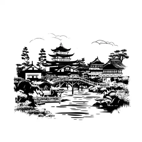 Ancient Japanese Village Silhouette SVG Design | SVG Files for Cricut & Print